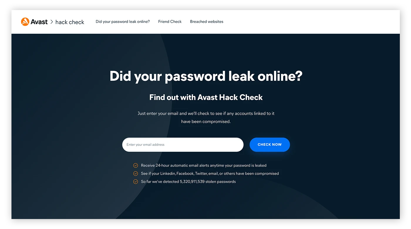 Avast Hack Check是检查您的个人数据是否被泄露的免费工具。